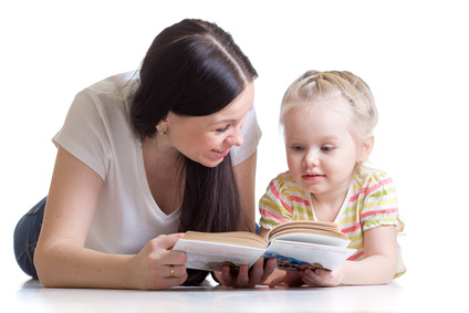 pretty young mother teaching her little kid child